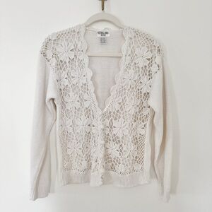 White Crochet Front Cardigan Sweater Cottagecore Knit Soft Girl 90s Y2K Feminine